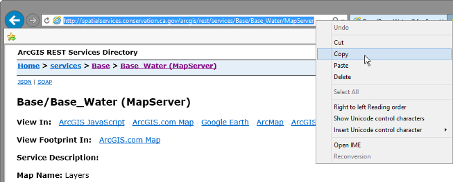 Screenshot of copying the URL from DOC's ArcGIS Services Directory