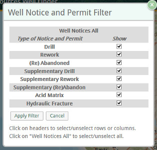 Screenshot of Notice and Permit Layer Filter