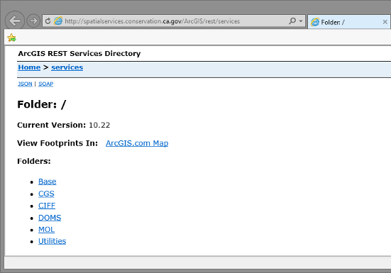 Screenshot of DOC's ArcGIS Services Directory